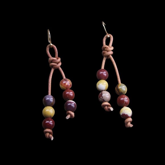 Mookaite Gemstones on Hand Knotted Brown Leather Earrings - Picture 1 of 4